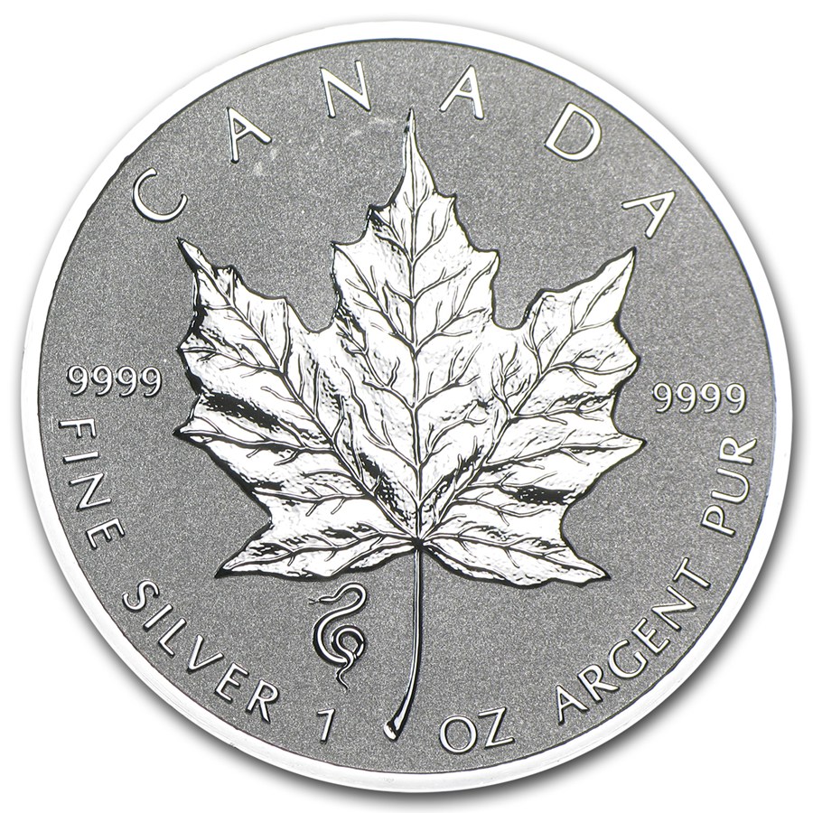CANADA 2013 $5 High Relief Silver Maple Leaf with Lunar Snake Privy Mark 1oz Fine Silver Coin
